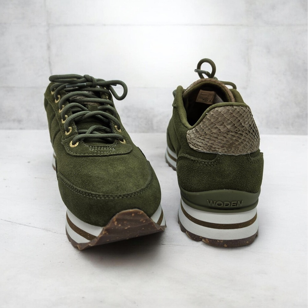 Woden Women Olive Green Suede Salmon Leather Accent Platform Sneakers US 8 EU 40